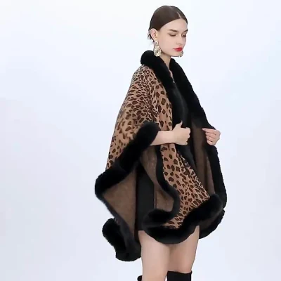 Winter Leopard Print Faux Rabbit Fur Collar Jacquard Women Poncho Shawl Cape