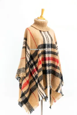  Spring Autumn Woman Lady Warm Fashion Woven Acrylic Boucle Yarn Brushed Brown/Camel Colour Fringe Pullover Wraps Grids Plaid Checks Shawl Turtleneck Poncho