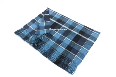 Fashion Accessory Unisex Men Women Winter Blue Navy Mixed Acrylic Brushed Woven Fringe Grid Checks Design Long Scarf