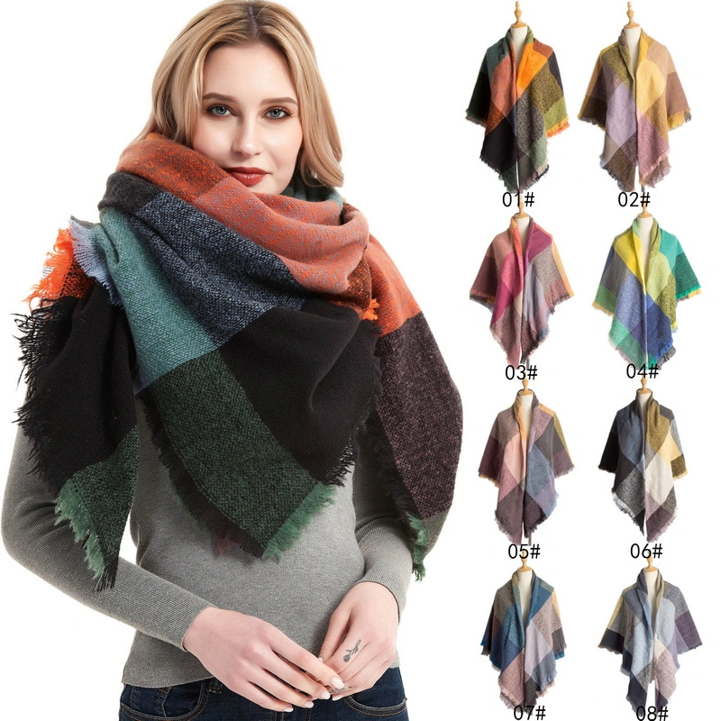 Wholesale Classic Women Plaid Square Scarf with Fringe