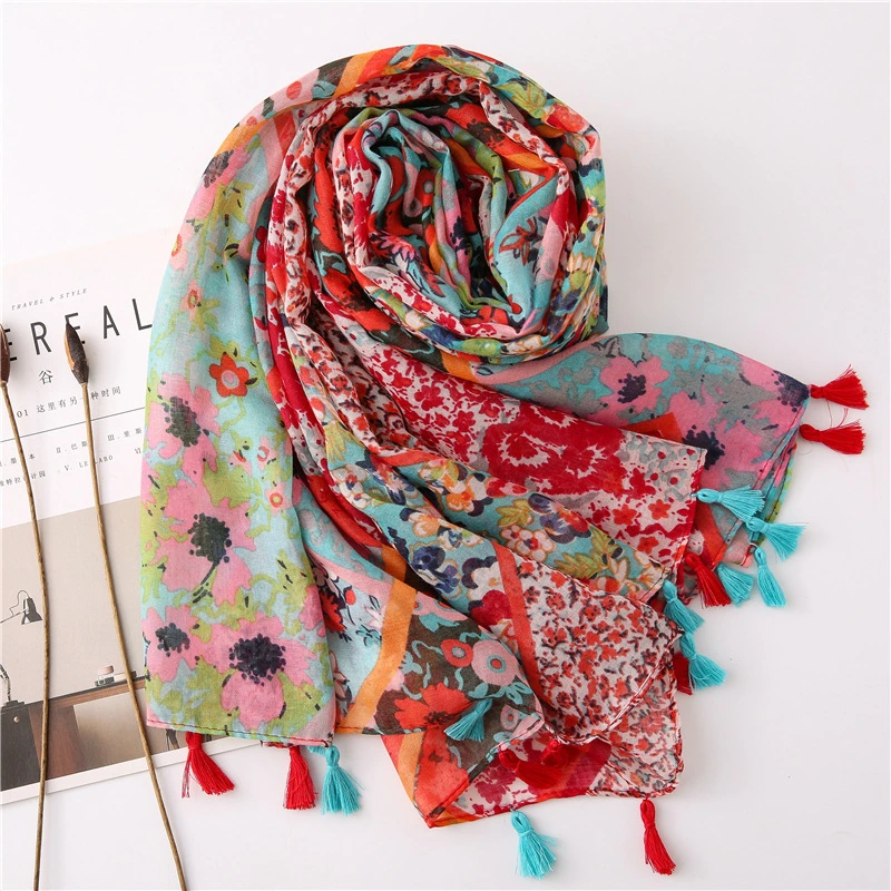Boho Tassel Vacation Bohemia Muffler Polyester Voile Summer Wrap Flora Striped Print Lady&prime;s Ethnic Scarf