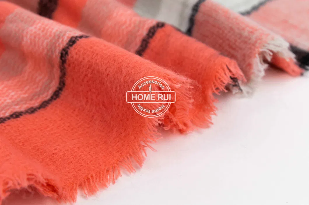 Wholesaler Outerwear Apparel Accessory Women Spring Winter Orange Short Fringe Checks Grid Tartan Warm Pashmina Windowpane Beach Headwear Blanket Scarf Shawl