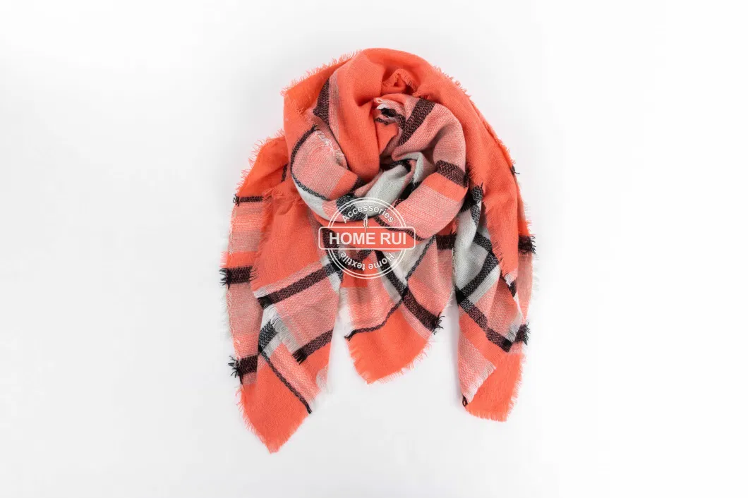 Wholesaler Outerwear Apparel Accessory Women Spring Winter Orange Short Fringe Checks Grid Tartan Warm Pashmina Windowpane Beach Headwear Blanket Scarf Shawl