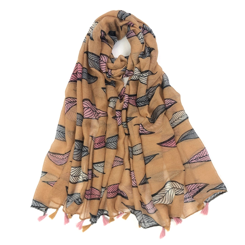 a Stylish Scarf Decorated with Bold Colourful Leaves Tassel