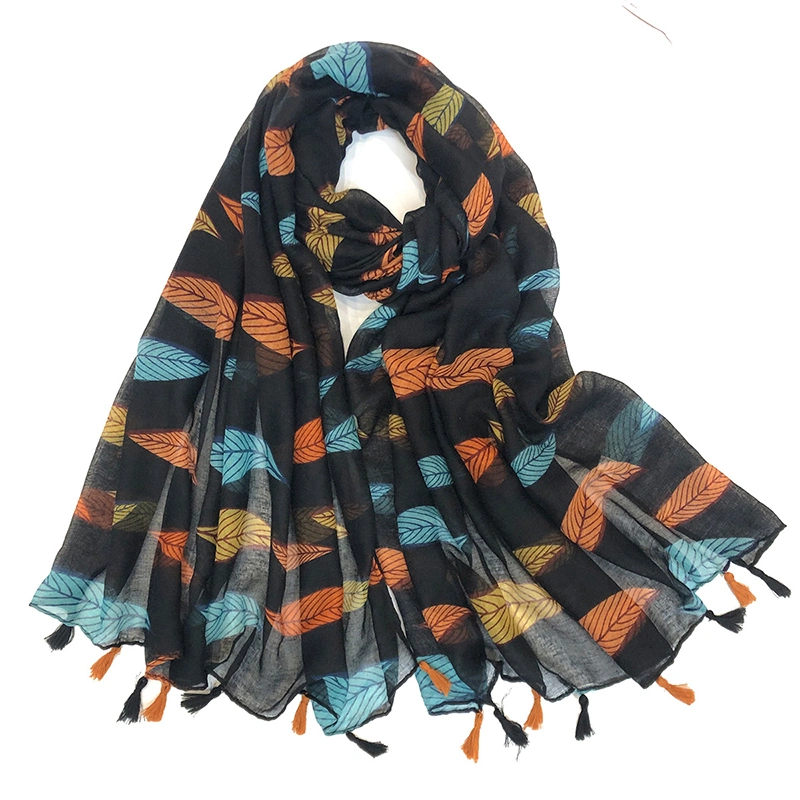 a Stylish Scarf Decorated with Bold Colourful Leaves Tassel