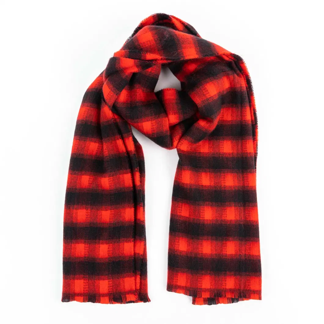 Wholesaler Custom Outerwear Apparel Accessory Unisex Winter Red Acrylic Fringe Small Checks Grid Tartan Cashmere Feel Shawl Pashmina Windowpane Blanket Scarf