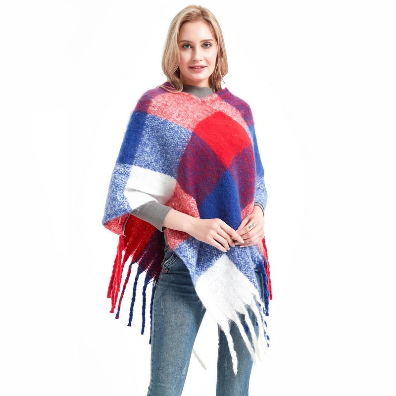 Colorful Oversized Tartan Women Woven Checked Winter Poncho