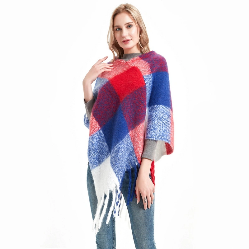 Colorful Oversized Tartan Women Woven Checked Winter Poncho