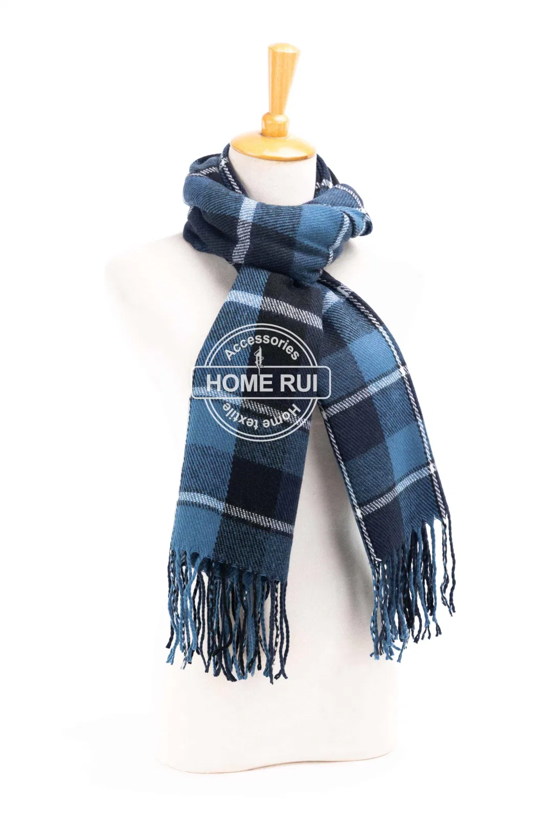 Fashion Accessory Unisex Men Women Winter Blue Navy Mixed Acrylic Brushed Woven Fringe Grid Checks Design Long Scarf