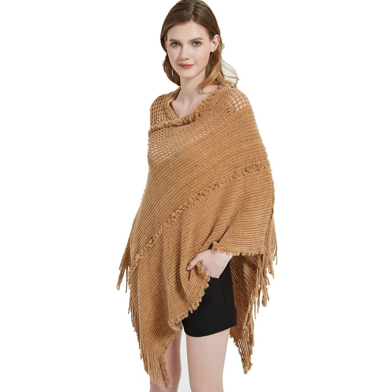 Stylish Winter Warm Chenille Pure Knitted Scarf Poncho Cape with Fringe