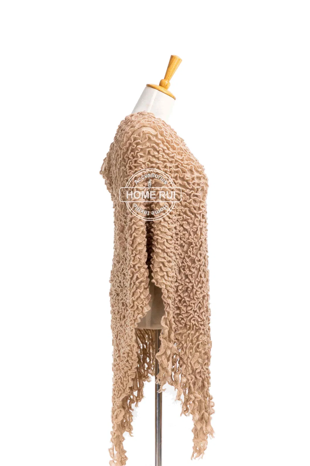 Spring Autumn Woman Lady Warm Fashion Warp Knitting Fabric Beige Camel Colour Pullover Oversize Wraps Ruffled Shawl Poncho