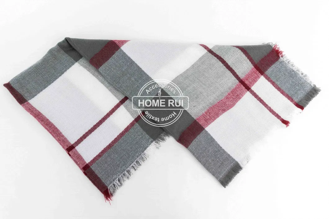 Wholesaler Custom Outerwear Apparel Accessory Unisex Spring Winter Grey Acrylic Short Fringe Checks Grid Tartan Shawl Pashmina Windowpane Headwear Stole Scarf