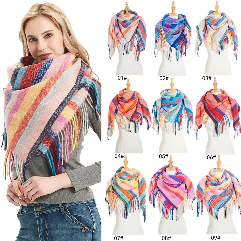 Oversized Colorful Striped Print Women Square Shawl Scarf with Fringe