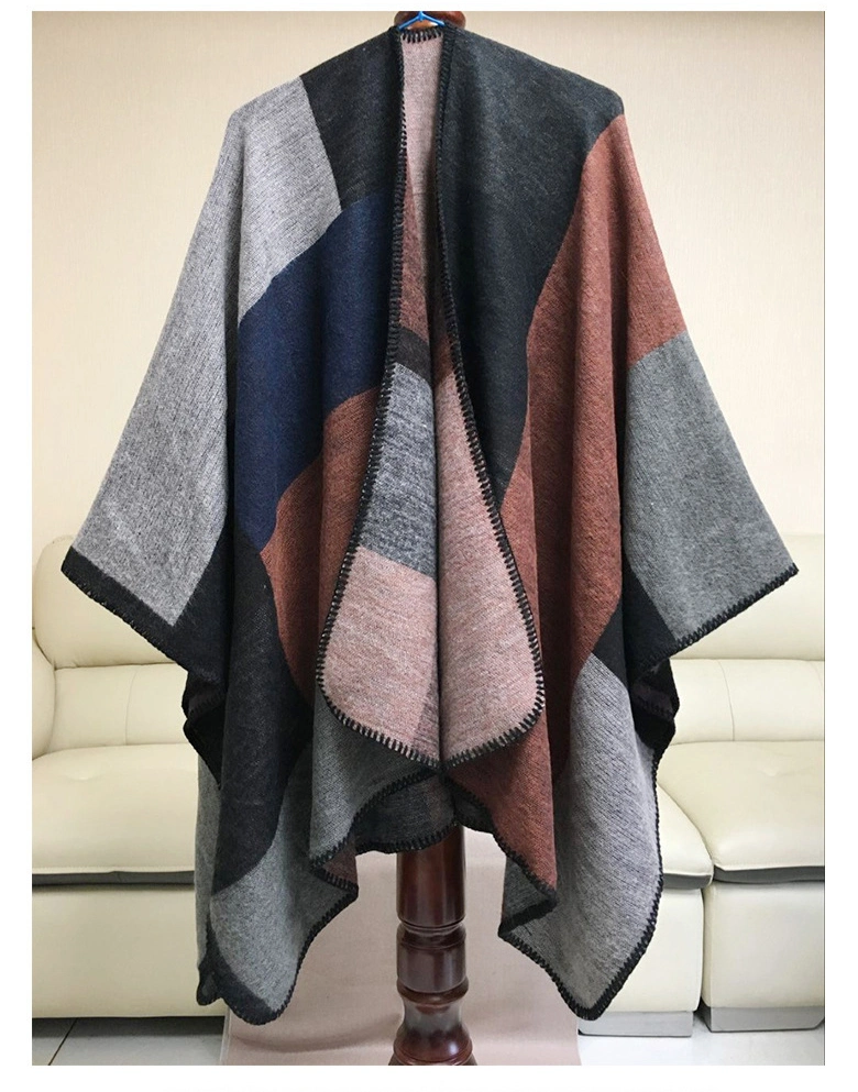 Winter Outdoor Warm Poncho for Women Big Checkered Ladies Cape Shawl