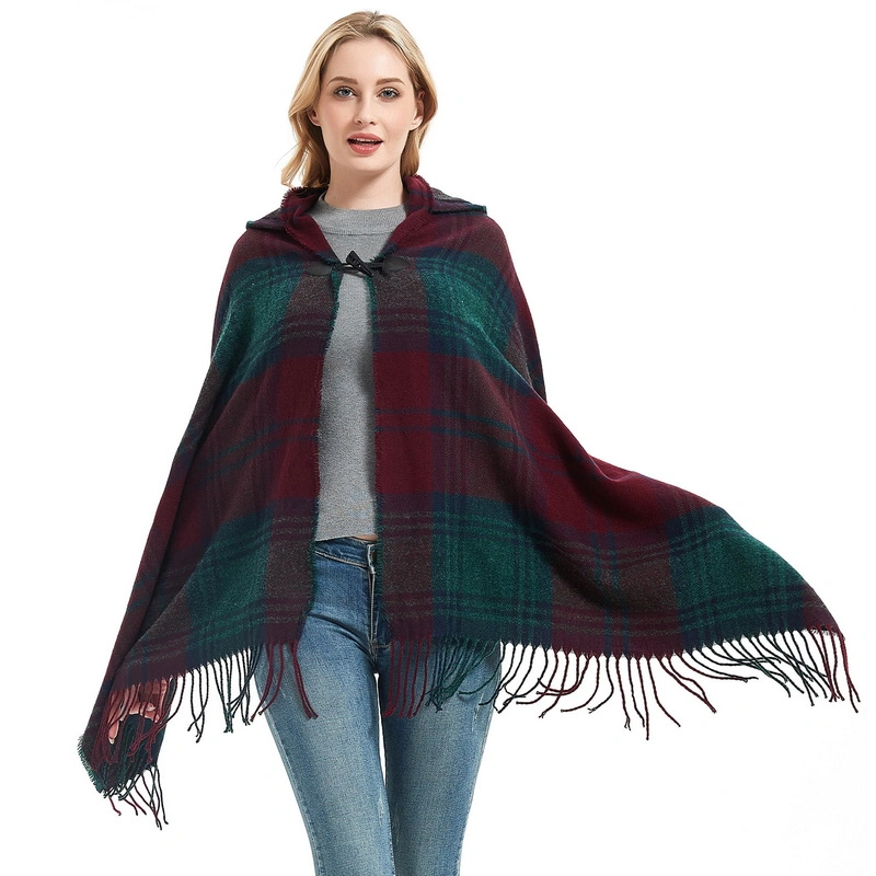 Winter Plaid Ladies Hooded Poncho Cape with Horn Button