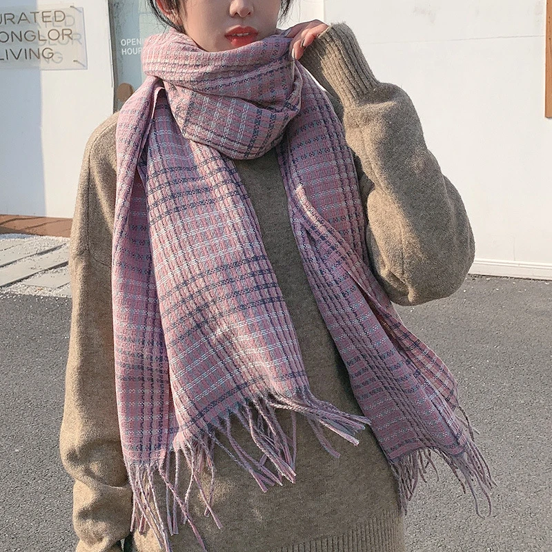 Purple Cashmere-Like Women Checked Winter Fashion Grid Warm Soft Long Scarf