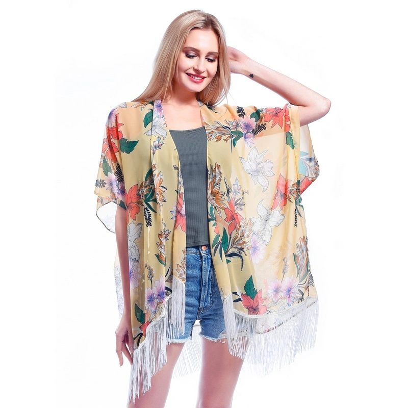 Oversized Stylish Lady Floral Print Chiffon Open Front Poncho