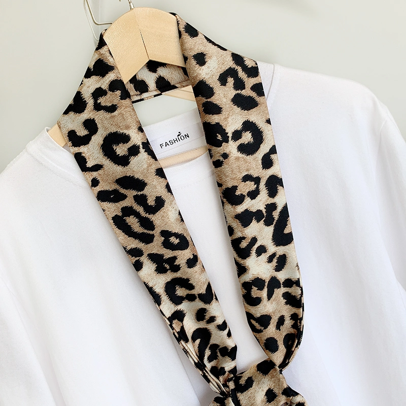 Silk Feeling Small Scarf Leopard Print Handle Bag Ribbons Fashion Head Scarf Small Long Skinny Scarves for Lady Girls