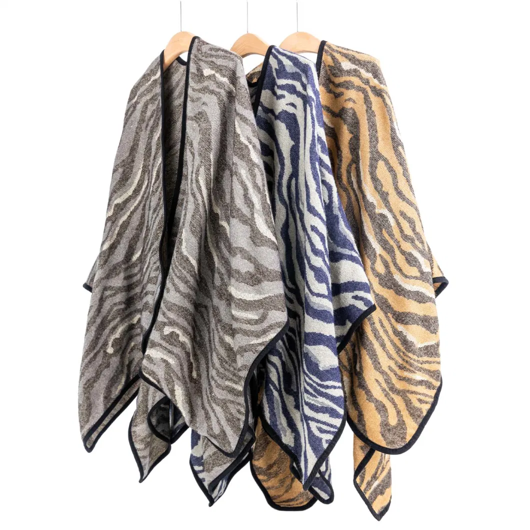 Outerwear Spring Autumn Woman Warmth Apparel Accessory Oversize Double Sides Navy Unique Jacquard Knitted Zebra Lined Soft Front Open Art Casual Cape Poncho