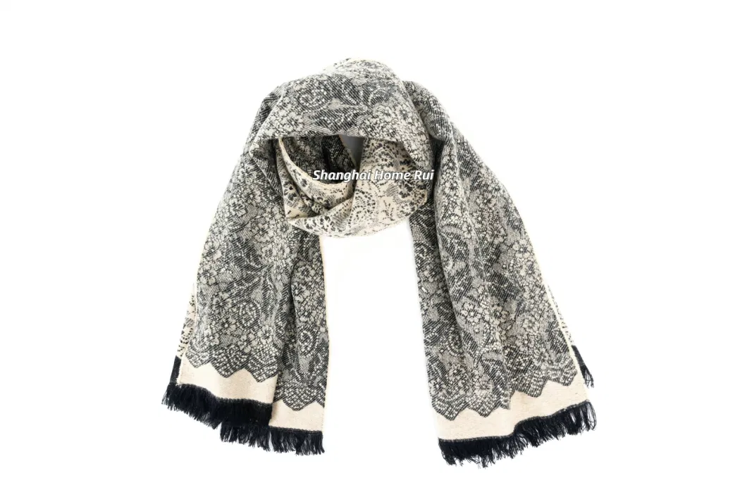 Wholesale Outerwear Outfit Apparel Accessory Women Beige Warmth Soft Cashmere Feel Tassel Lace Floral Paaisley Wrap Luxuriously Blanket Pashmina Oversize Scarf