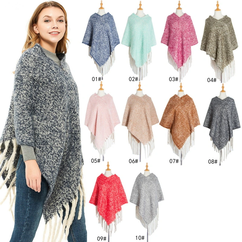 Chic Women Winter Black Melange Solid Color Poncho Cape Shawl with Fringe on Hot Sale