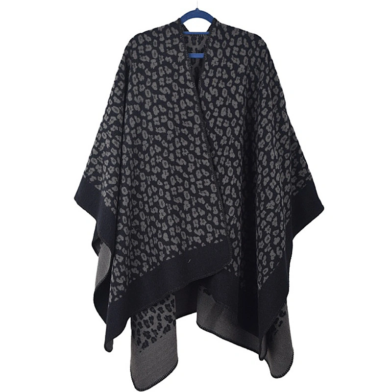 Winter Polyester Wrap Jacquard Shawl Leopard Pattern Poncho Women Cape