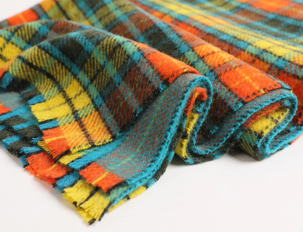 Lady Pastoral Style Vintage Yarn-Dyed Colorful Checked Woven Wool Scarf