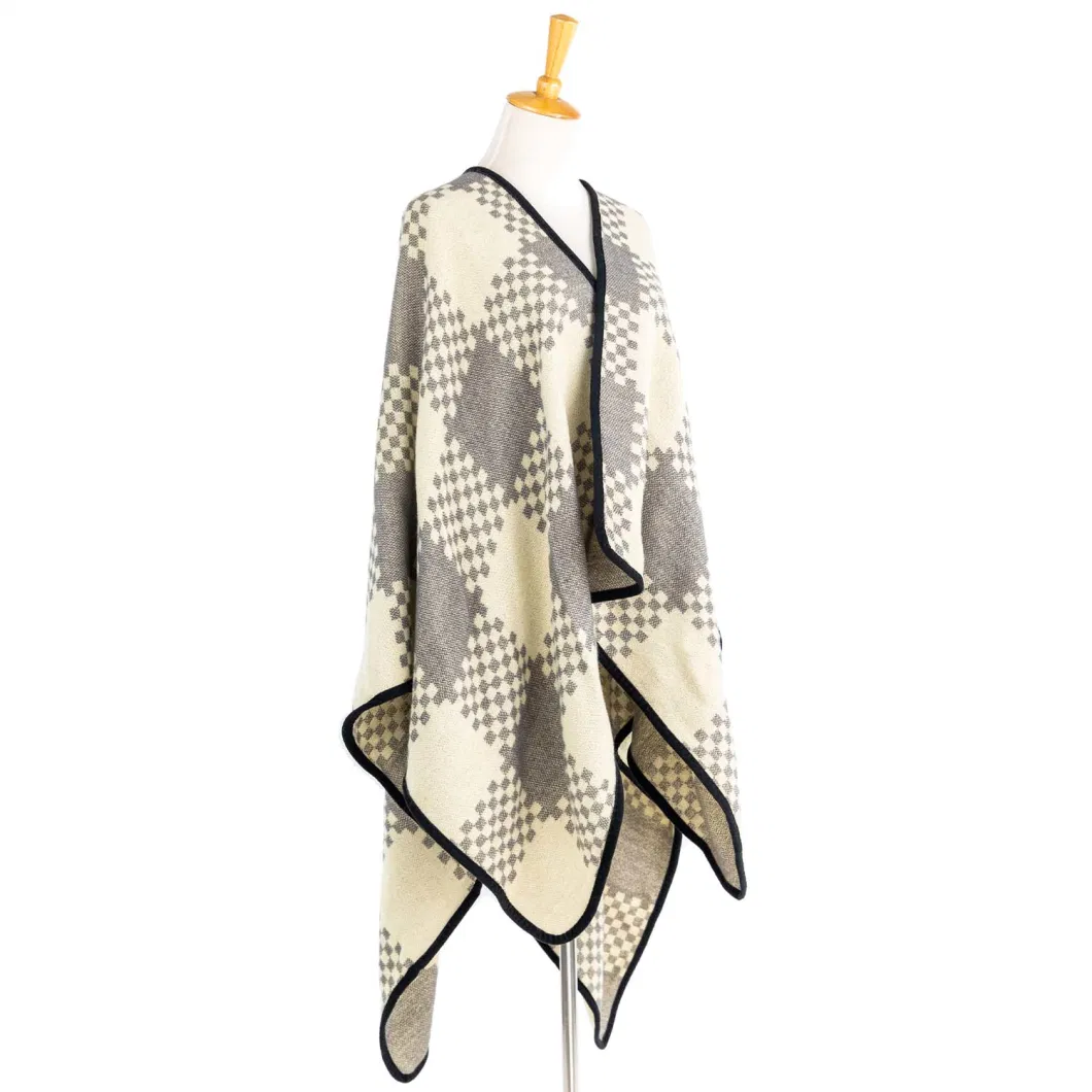 Woman Mustard Warmth Apparel Oversize Double Sides Beige Block Soft Front Open Lattice Tartan Grids Dots Square Art Casual Shawl Sweaters Cape Pallium Poncho