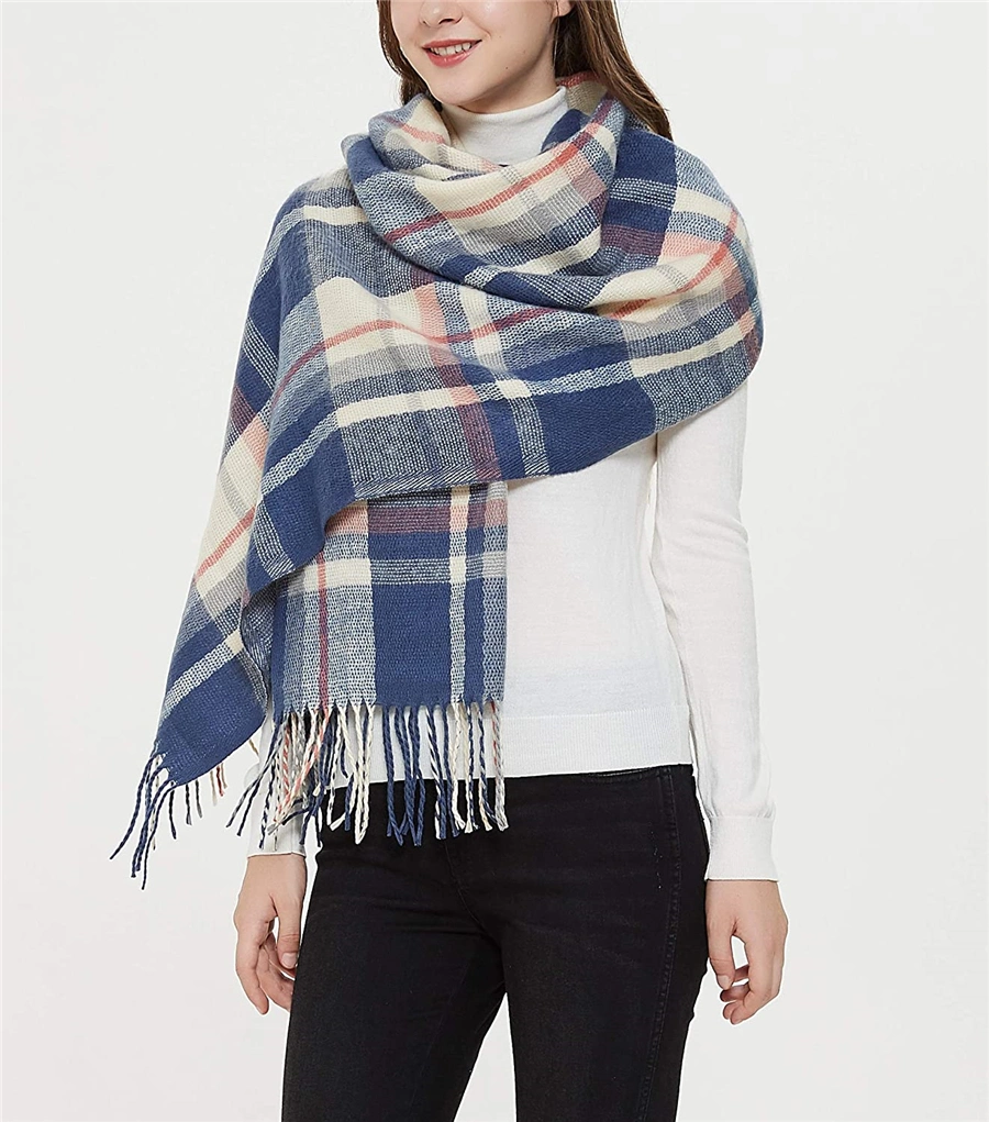 Wholesale blue Plaid Warm Women Blanket Scarf Oversized Tassel Tartan Wrap Shawl Plaid Cozy Checked Pashmina