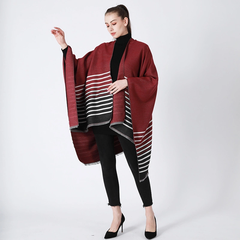 High Quality Winter 130*155cm Striped Womens Open Front Outdoor Warm Shawl Wrap