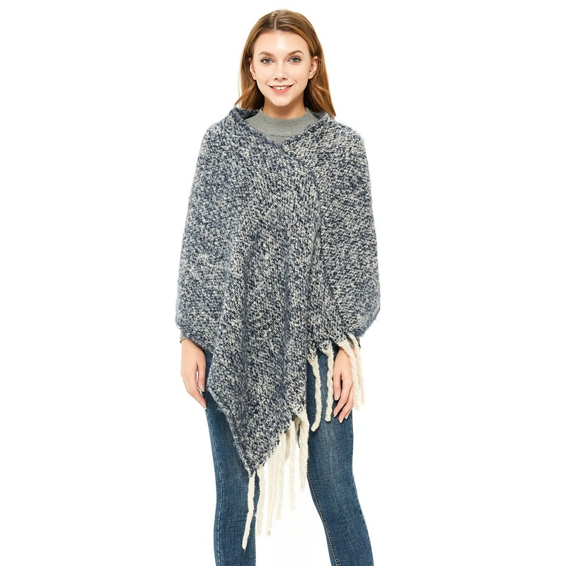 Chic Women Winter Black Melange Solid Color Poncho Cape Shawl with Fringe on Hot Sale