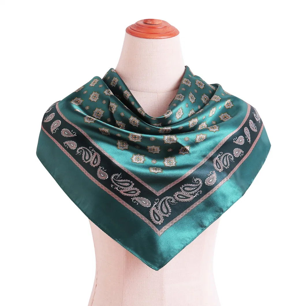 Ladies Elegant Summer Green Square Silk Like Scarves for Hair Wrapping