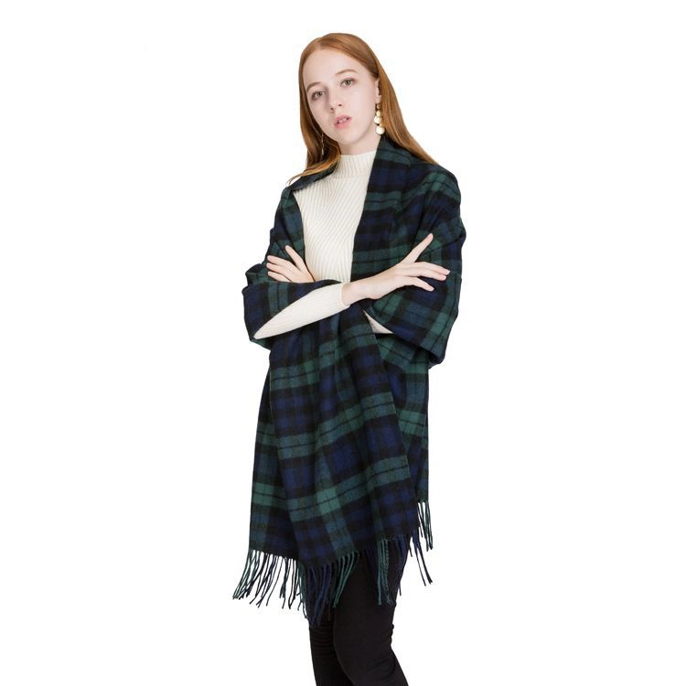 Oversized Green Plaid Winter Warm Genuine Wool Scarf Thicken Women Shawl Scarf