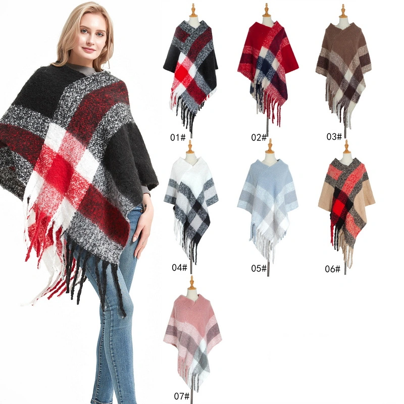 High Quality Winter Women Black Checked Poncho with Tassels