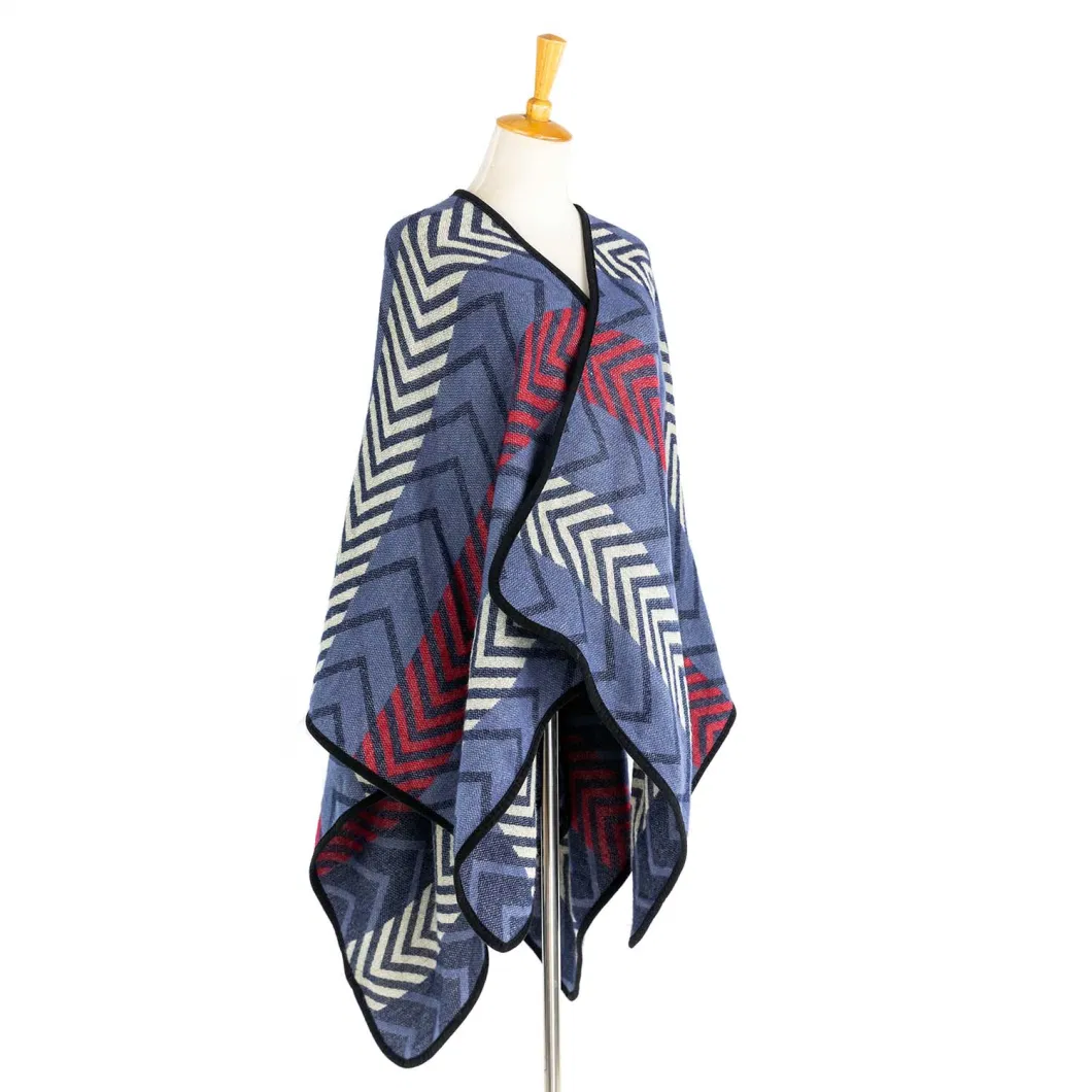 Apparel Women Poncho Navy Winter Knitted Reversible Oversized Elegant Geometric Striped Lined Sweater Bohemian Cardigan Tartan Blanket Zigzag Cape Poncho