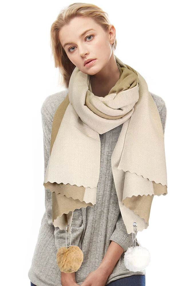 Two Sided Cashmere Feel Soft Oversized Wrap Scarf with POM POM