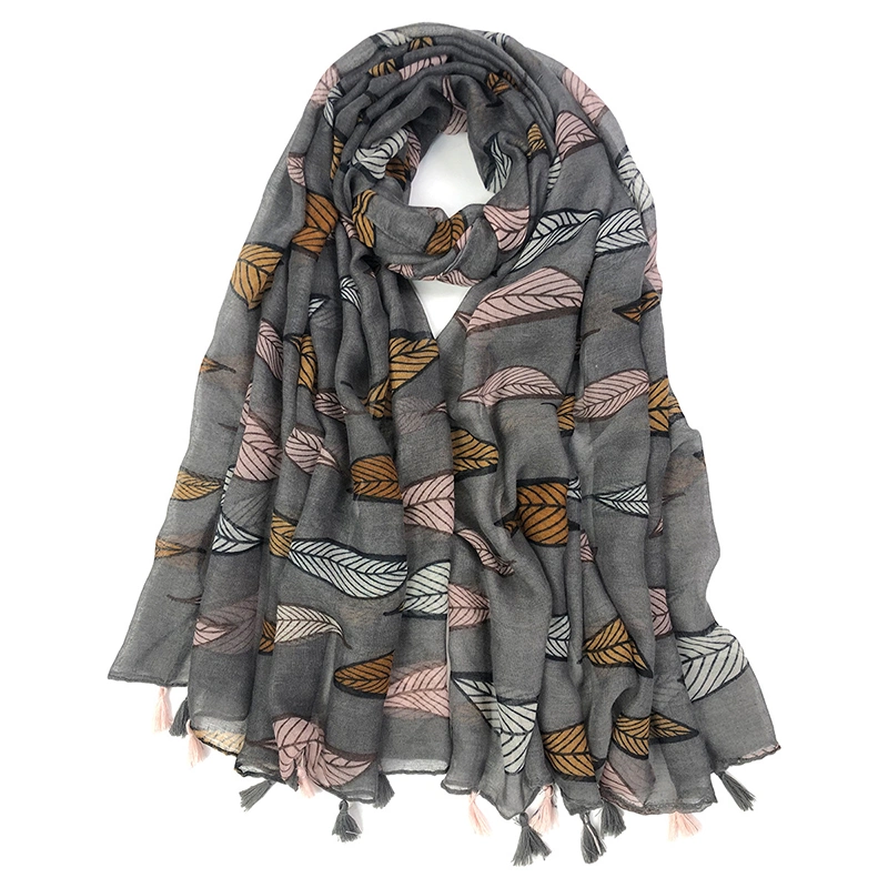 a Stylish Scarf Decorated with Bold Colourful Leaves Tassel