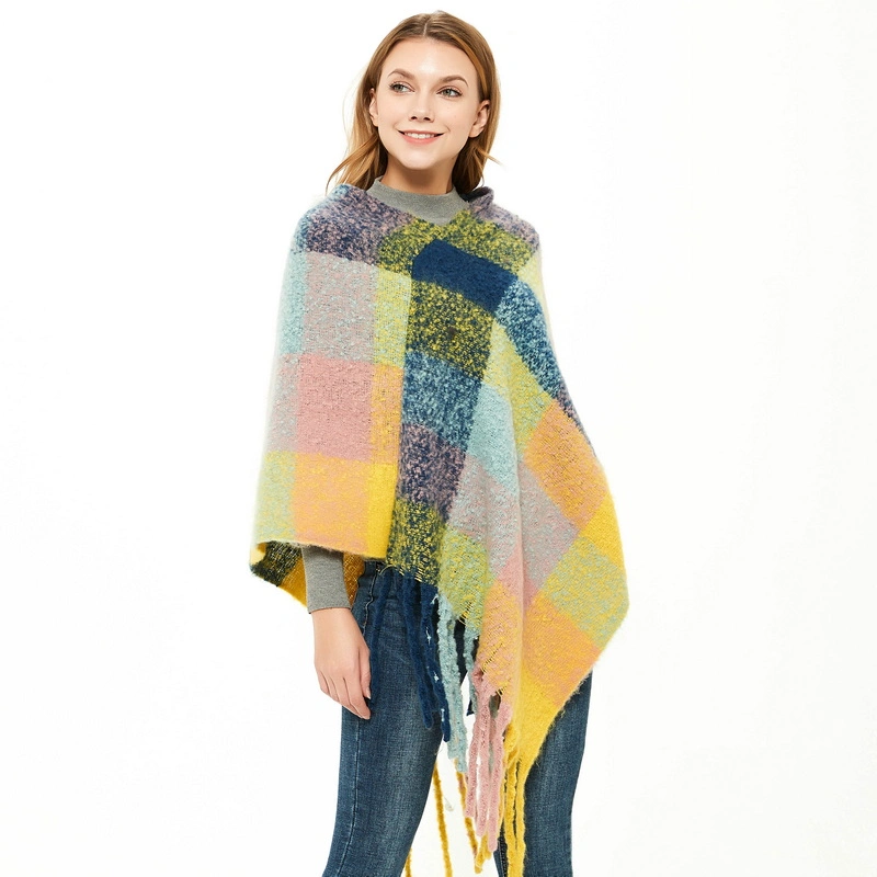 High Quality Bright Color Yellow Winter Warm Checked Wrap Shawl Poncho for Ladies