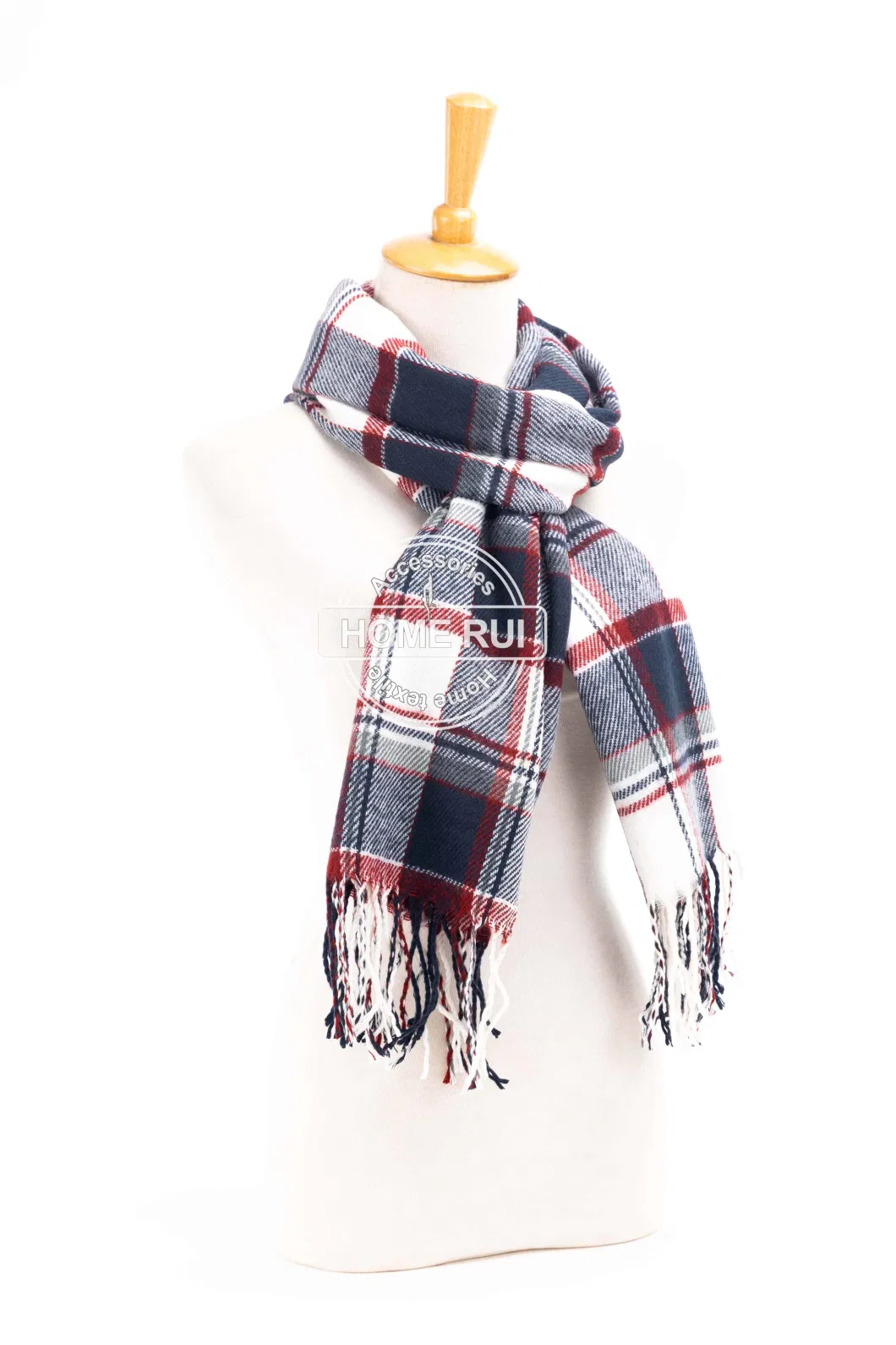 Fashion Accessory Unisex Men Women Winter Red Navy White Mixed Acrylic Brushed Woven Fringe Grid Checks Design Long Scarf