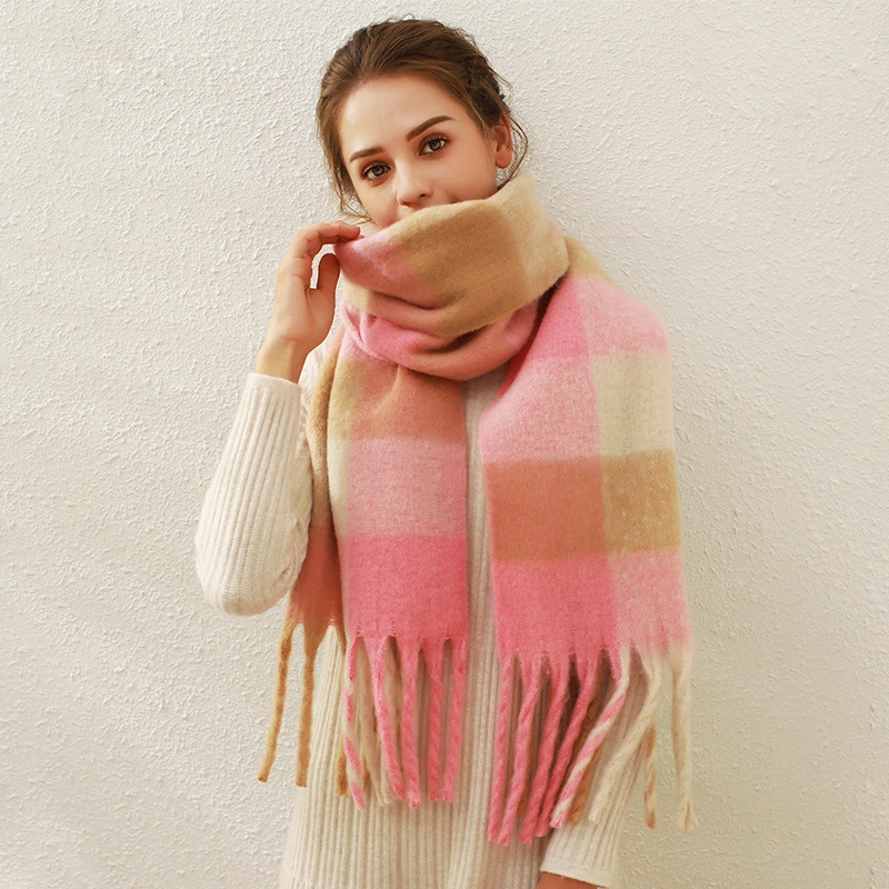 New Fall and Winter Warm Colorful Scarf Mohair Imitation Cashmere Tassel Plaid Female