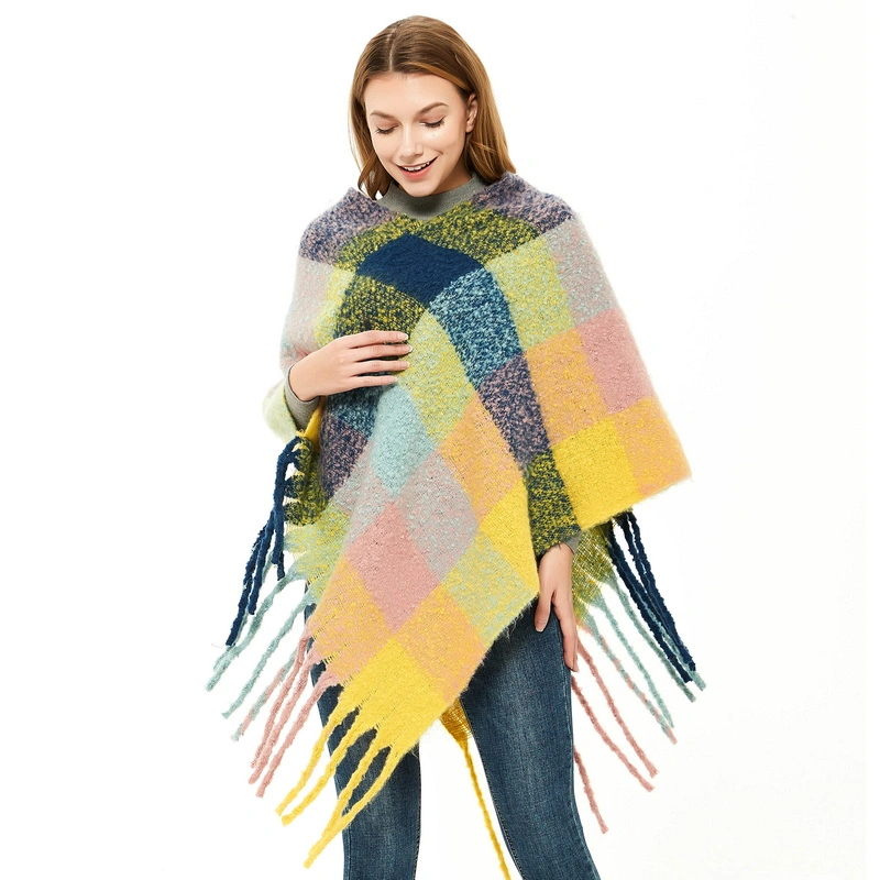 High Quality Bright Color Yellow Winter Warm Checked Wrap Shawl Poncho for Ladies
