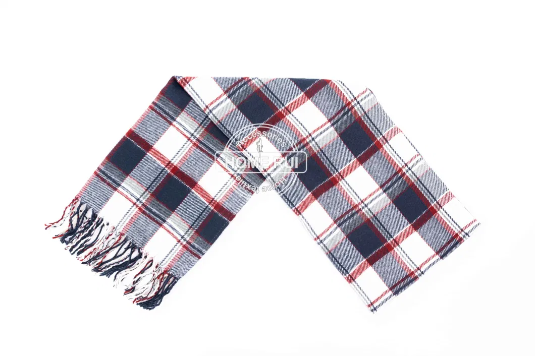 Fashion Accessory Unisex Men Women Winter Red Navy White Mixed Acrylic Brushed Woven Fringe Grid Checks Design Long Scarf