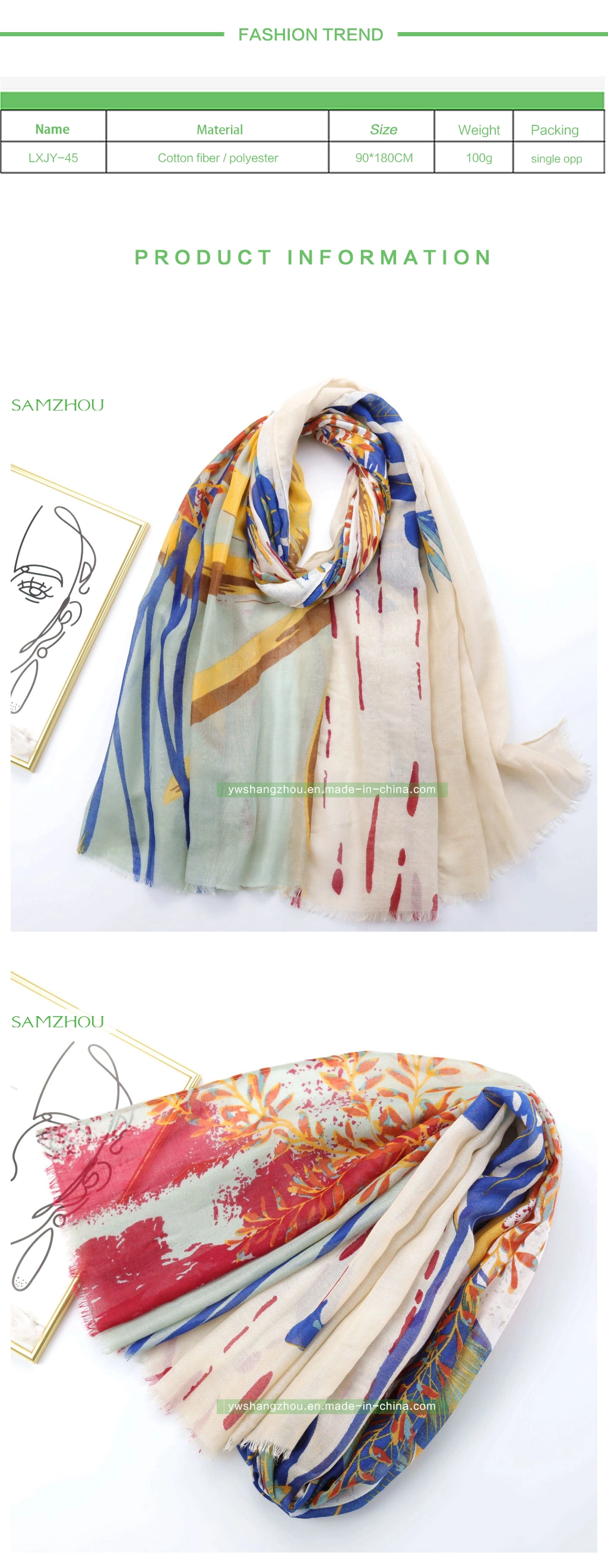 Tropical Rainforest Printed Spring Viscose Shawl Long Lady Silk Scarf