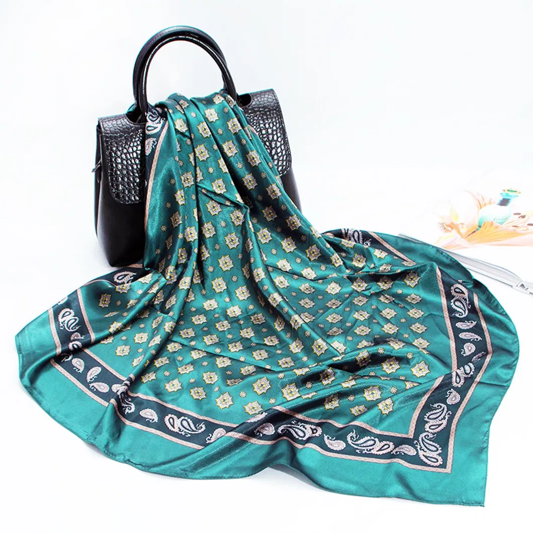 Ladies Elegant Summer Green Square Silk Like Scarves for Hair Wrapping