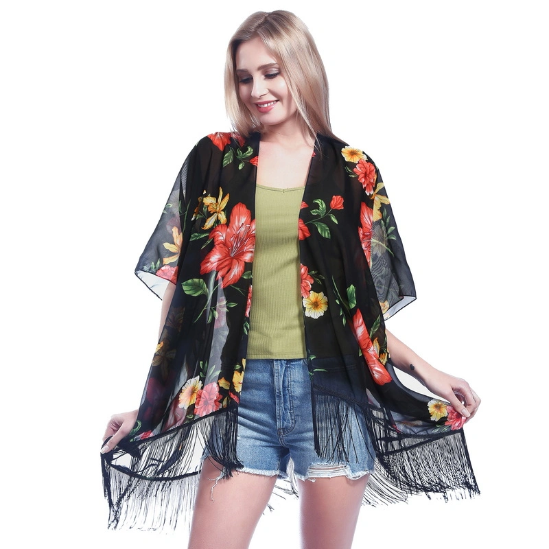 Summer Chic Sheer Lightweight Poncho with Tassel for Lady