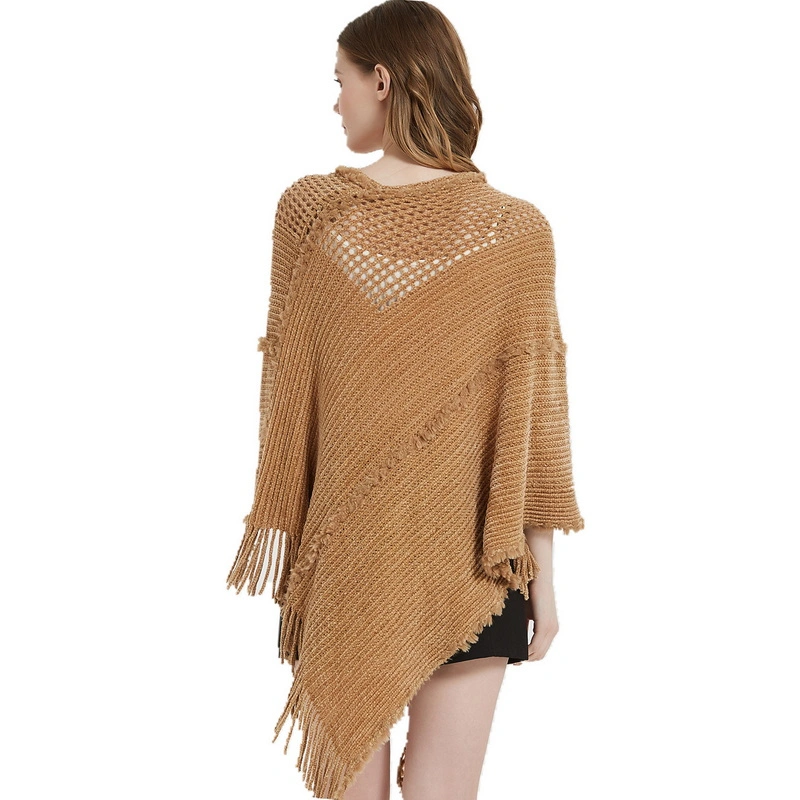 Stylish Winter Warm Chenille Pure Knitted Scarf Poncho Cape with Fringe