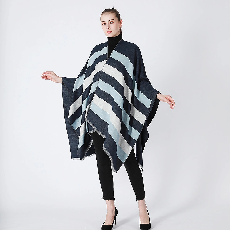 High Quality Winter 130*155cm Striped Womens Open Front Outdoor Warm Shawl Wrap
