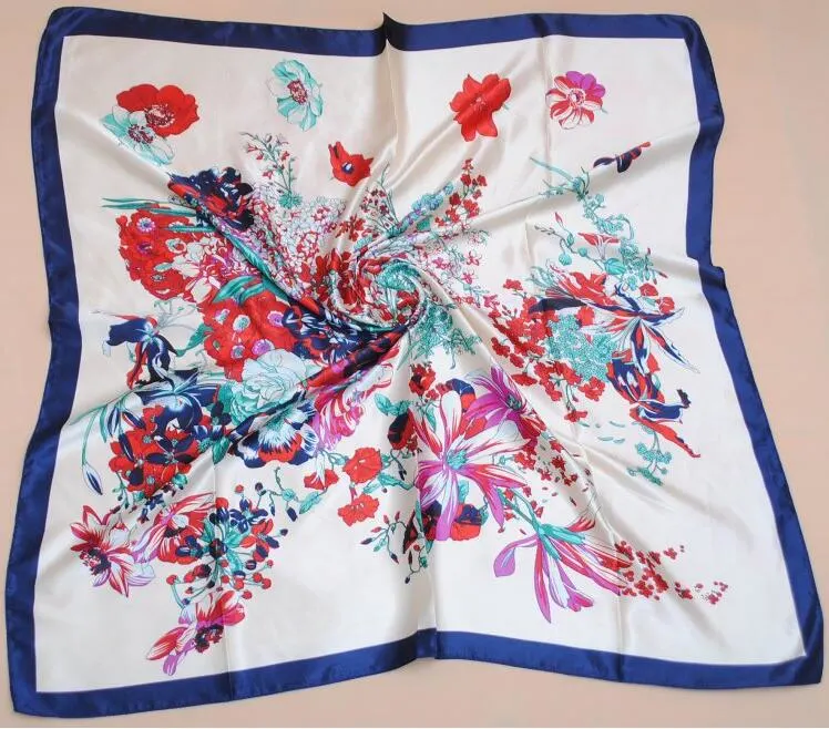 Spring Summer Fashion Versatile Colorful Flowers Satin Square Scarf Wholesale