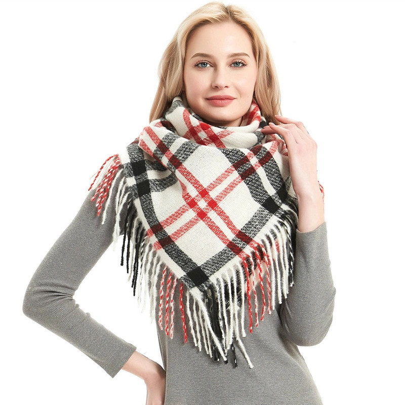 Pretty Customise Fashion Women Checked Square Scarf with Tassel