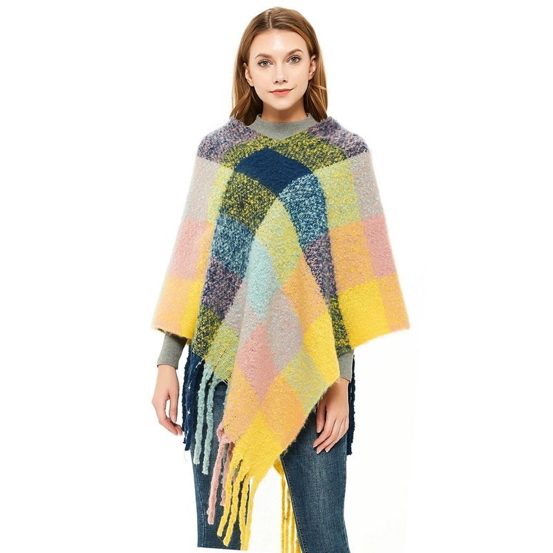 High Quality Checked Poncho Wrap Shawl for Women